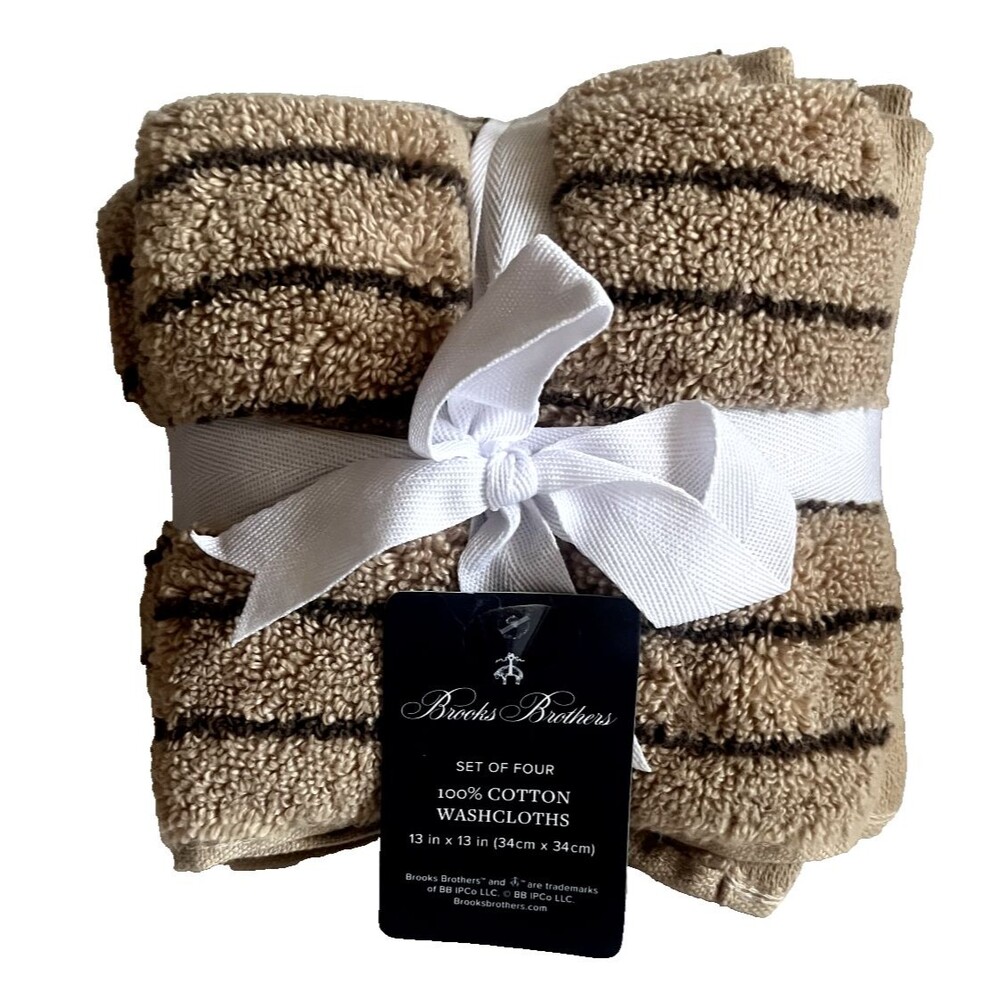 Brooks Brothers Washcloths Facecloths Cafe Au Lait Brown Stripe 13x13" Set of 4